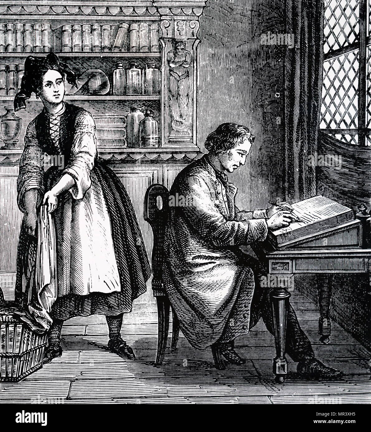 Illustration depicting Johann Alois Senefelder discovering the process of lithography by chance. Johann Alois Senefelder  (1771-1834) a German actor and playwright who invented the printing technique of lithography. Dated 19th century Stock Photo