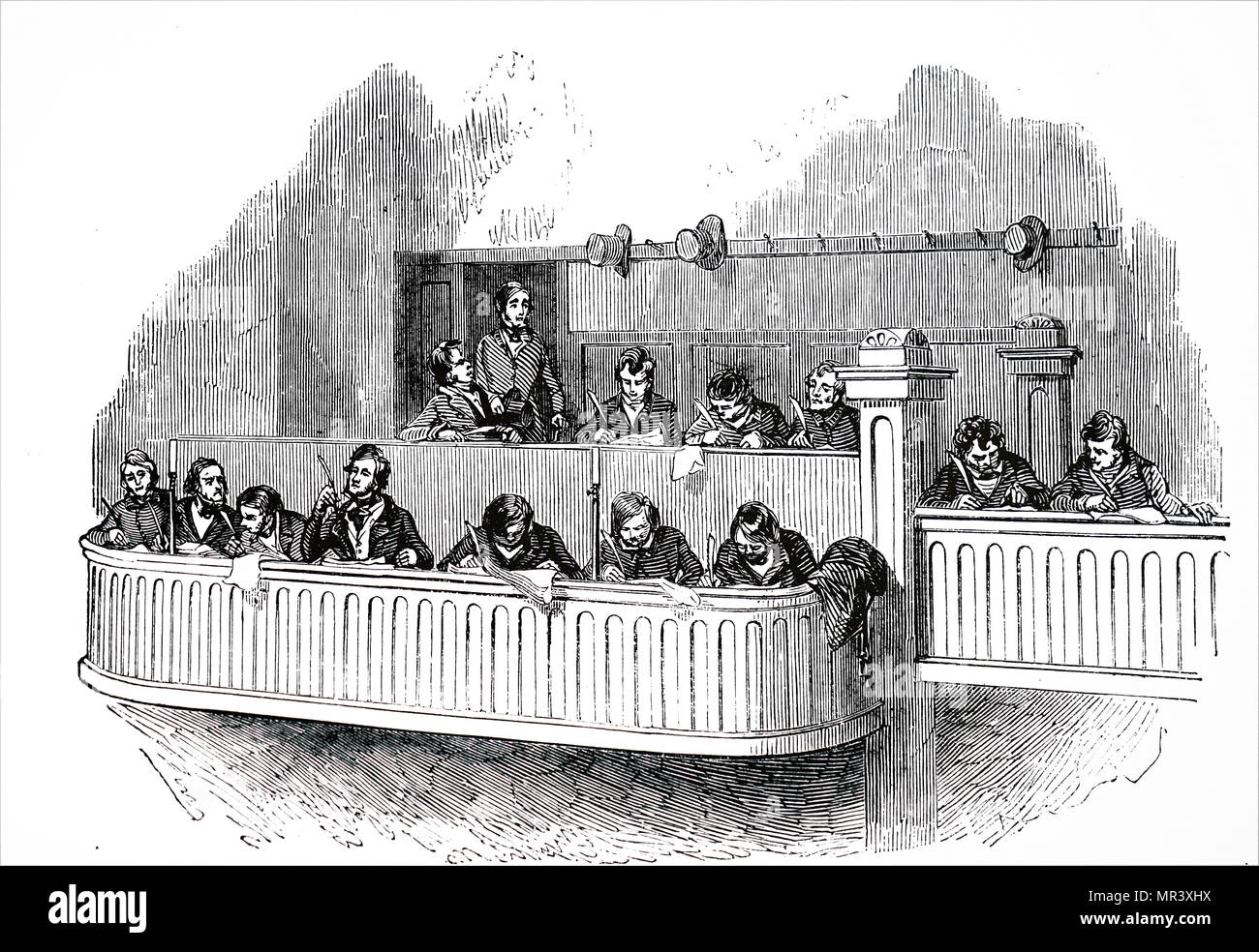Illustration depicting The Reporters' box at the state trials in Dublin ...