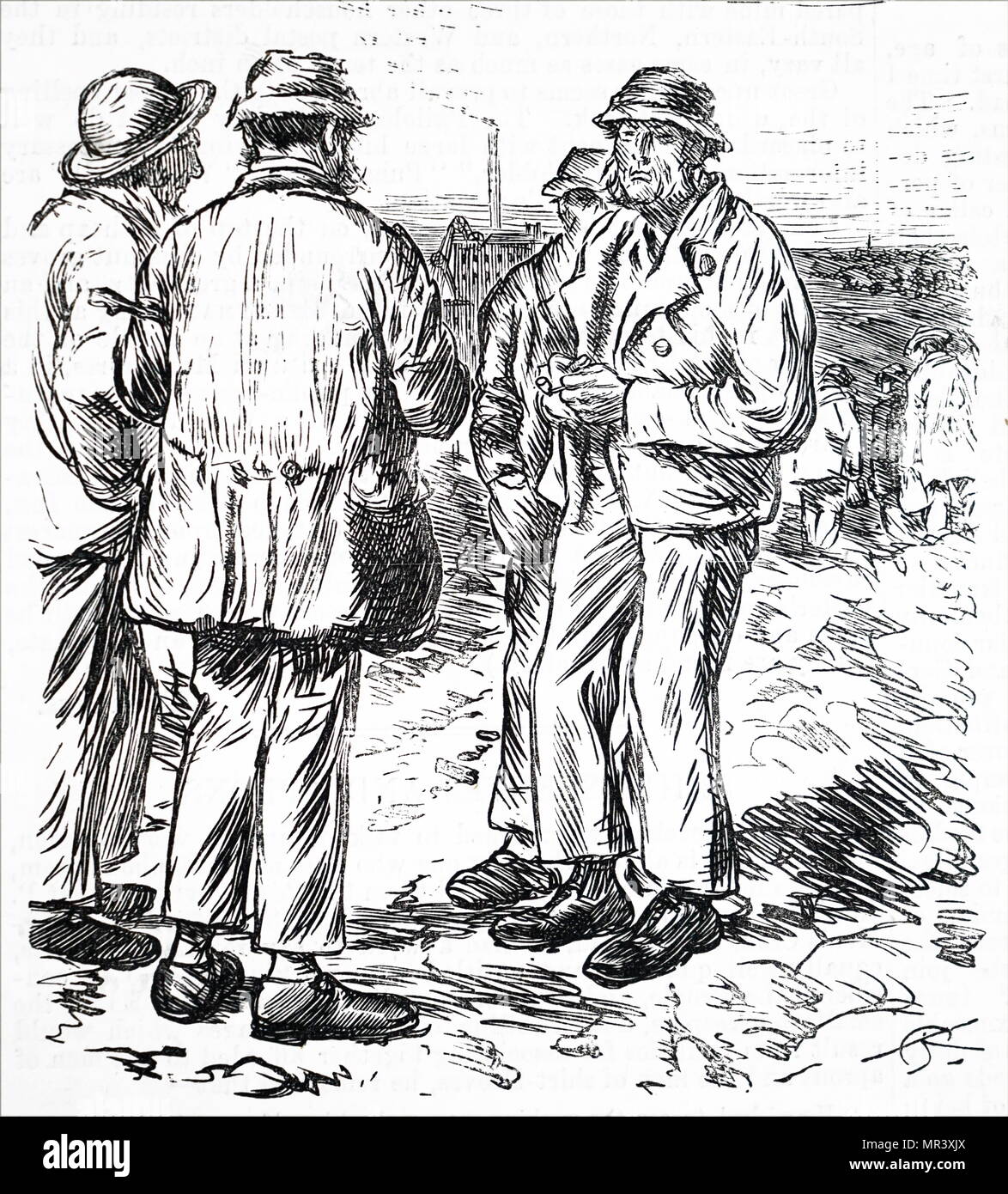 Engraving depicting workmen chatting together after their shift. Dated 19th century Stock Photo