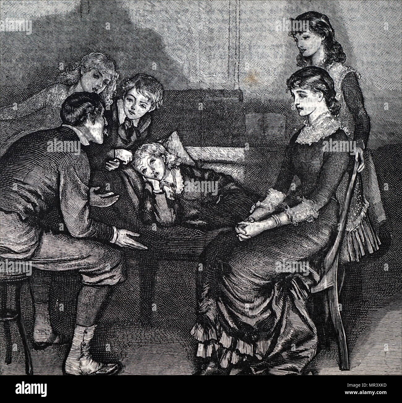 Illustration depicting a father telling his children a story before they head to bed. Dated 19th century Stock Photo