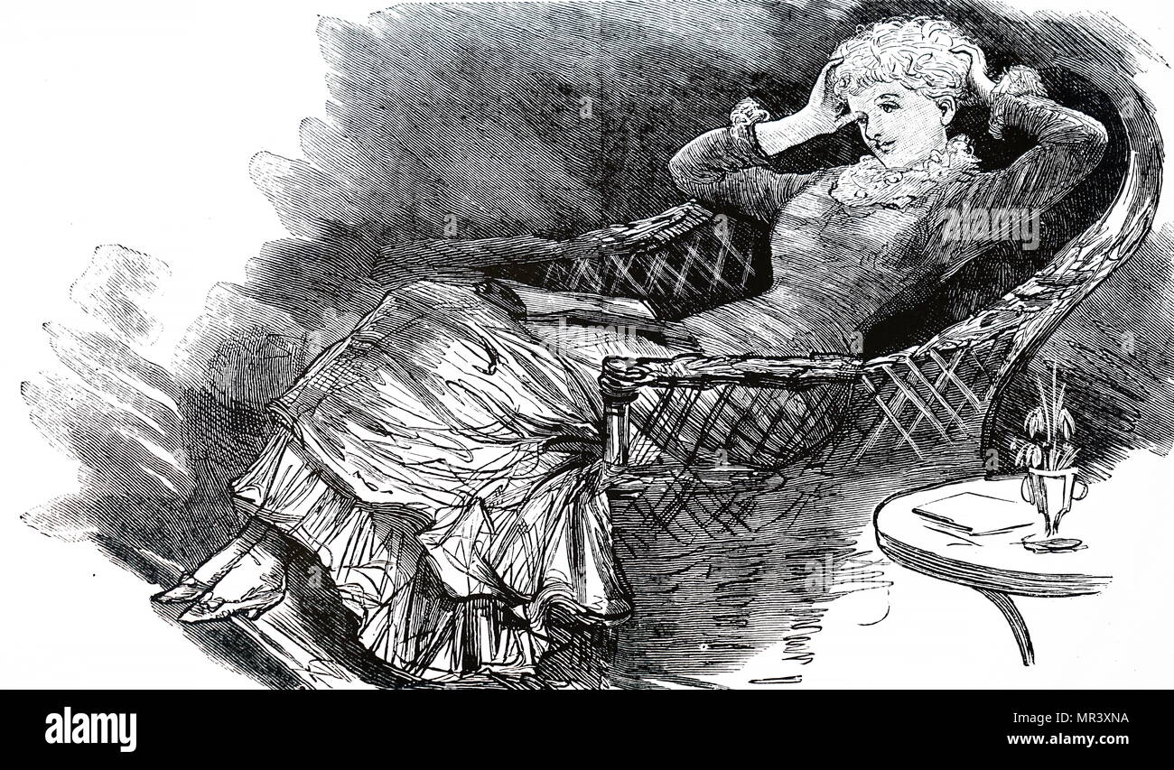 Etching depicting a young girl sitting in a large arm chair reading her ...