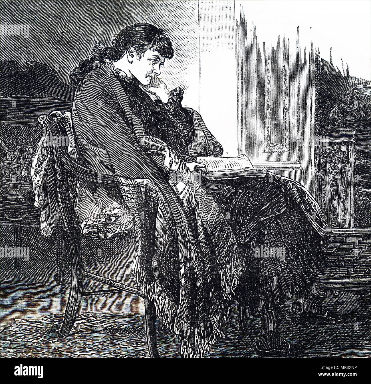 Etching depicting a young girl sitting in a large arm chair reading her ...