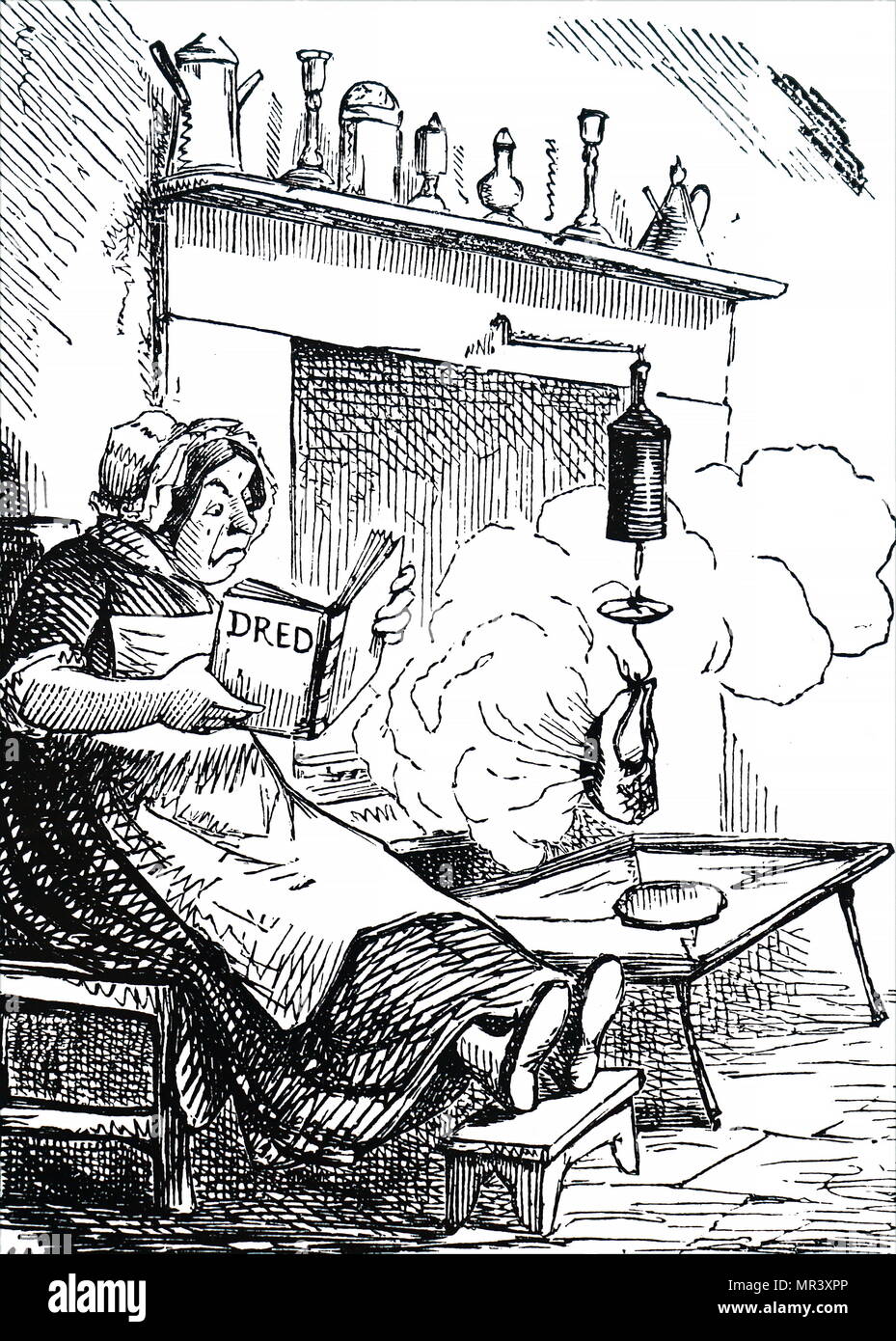 Satirical cartoon about the dire results of the spread of literacy. The cook becomes distracted by reading her book, as smoke billows out of the fire place. Dated 19th century Stock Photo