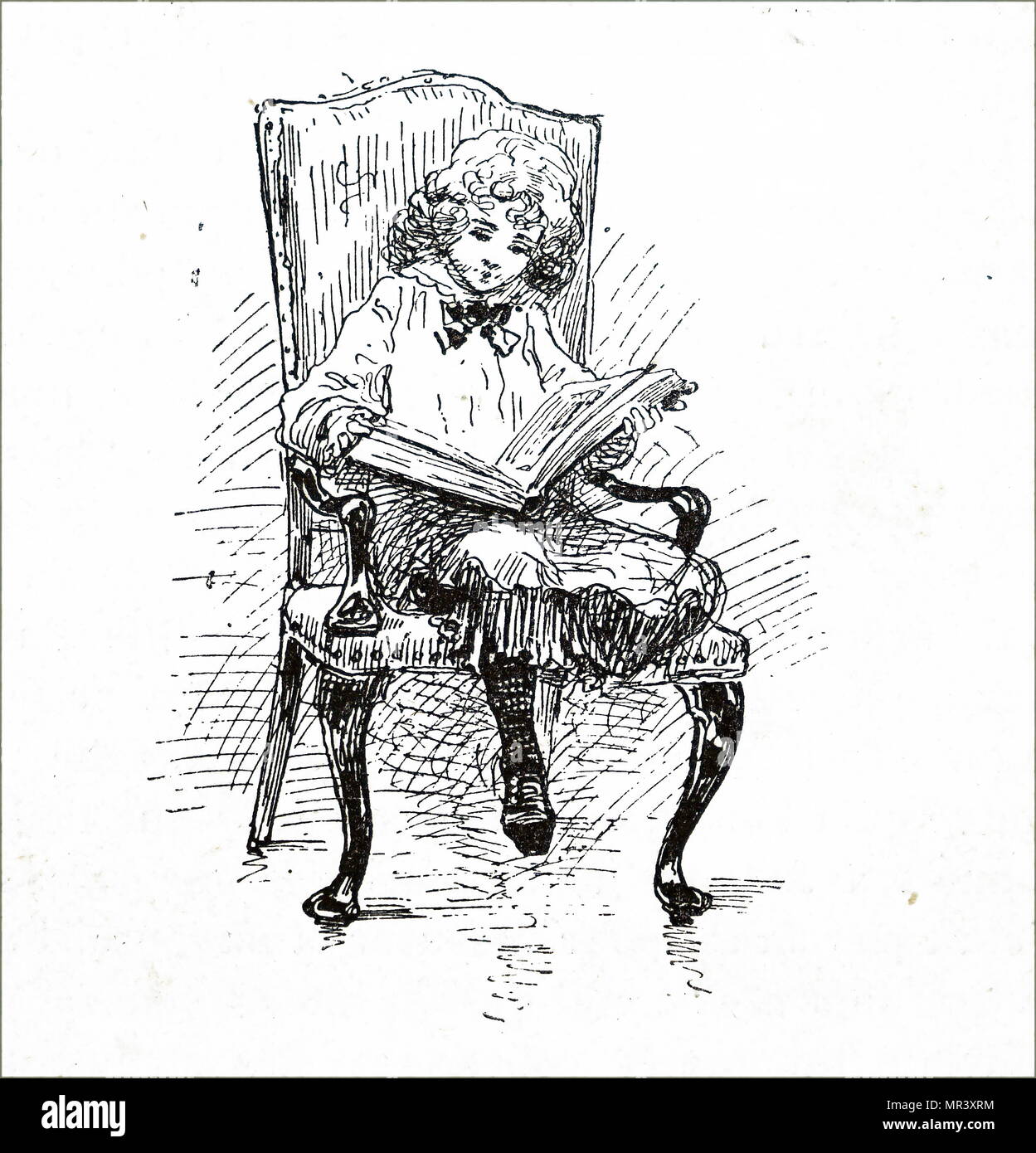 Etching depicting a young girl sitting in a large arm chair reading her ...