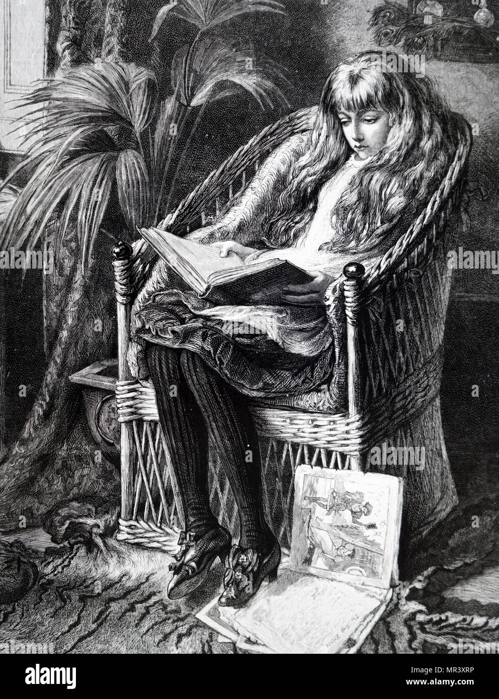 Illustration depicting a young girl reading her book whilst siting on a ...