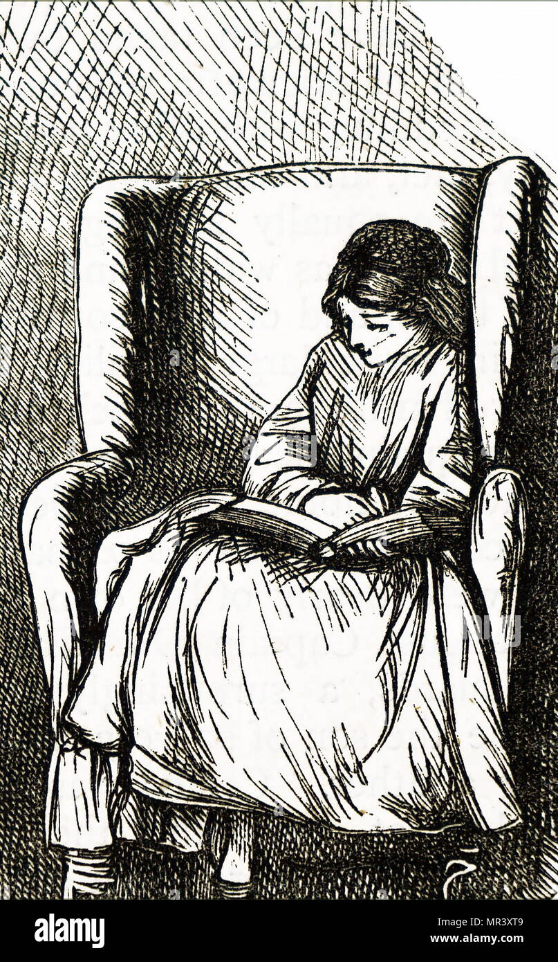 Etching depicting a young girl sitting in a large arm chair reading her ...
