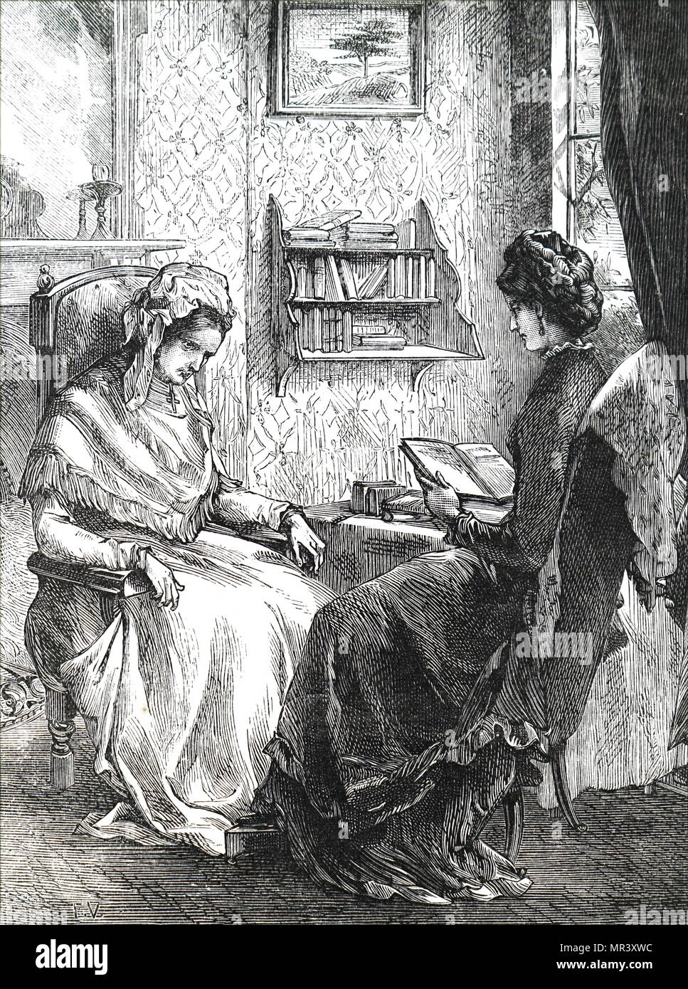 Illustration depicting a wall-mounted bookshelf. Dated 19th Century Stock Photo