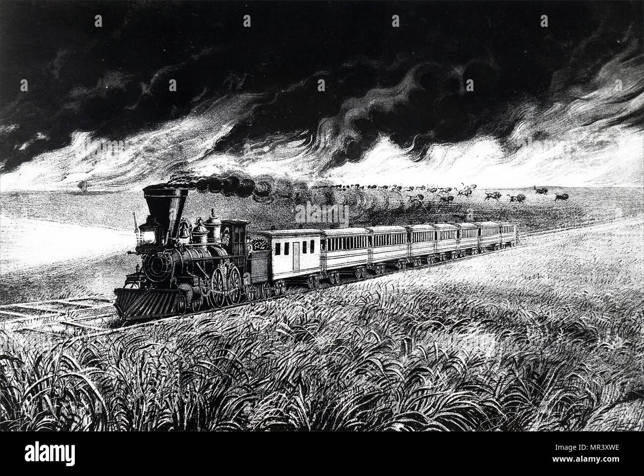 Lithograph depicting the prairie fires of the Great West. Pictured is a train with a cowcatcher and headlamp crossing a prairie while buffalo stampede in the face of a prairie fire. Printed by Currier and Ives. Dated 19th century Stock Photo