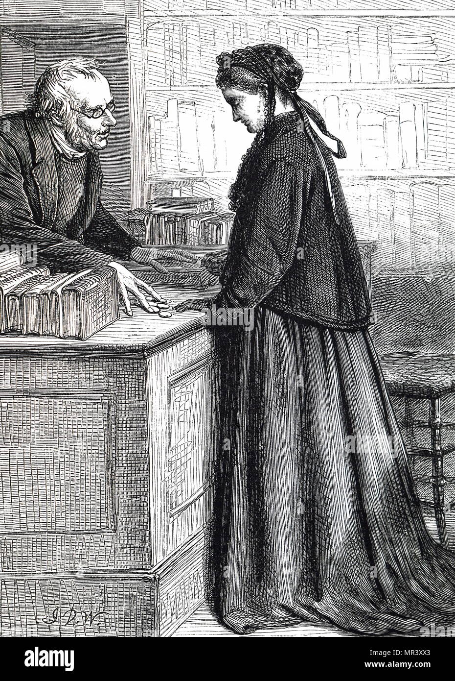 Illustration depicting a widow selling books to a second-hand bookseller. Illustrated by John Dawson Watson (1832-1892) a British painter, watercolourist, and illustrator. Dated 19th century Stock Photo