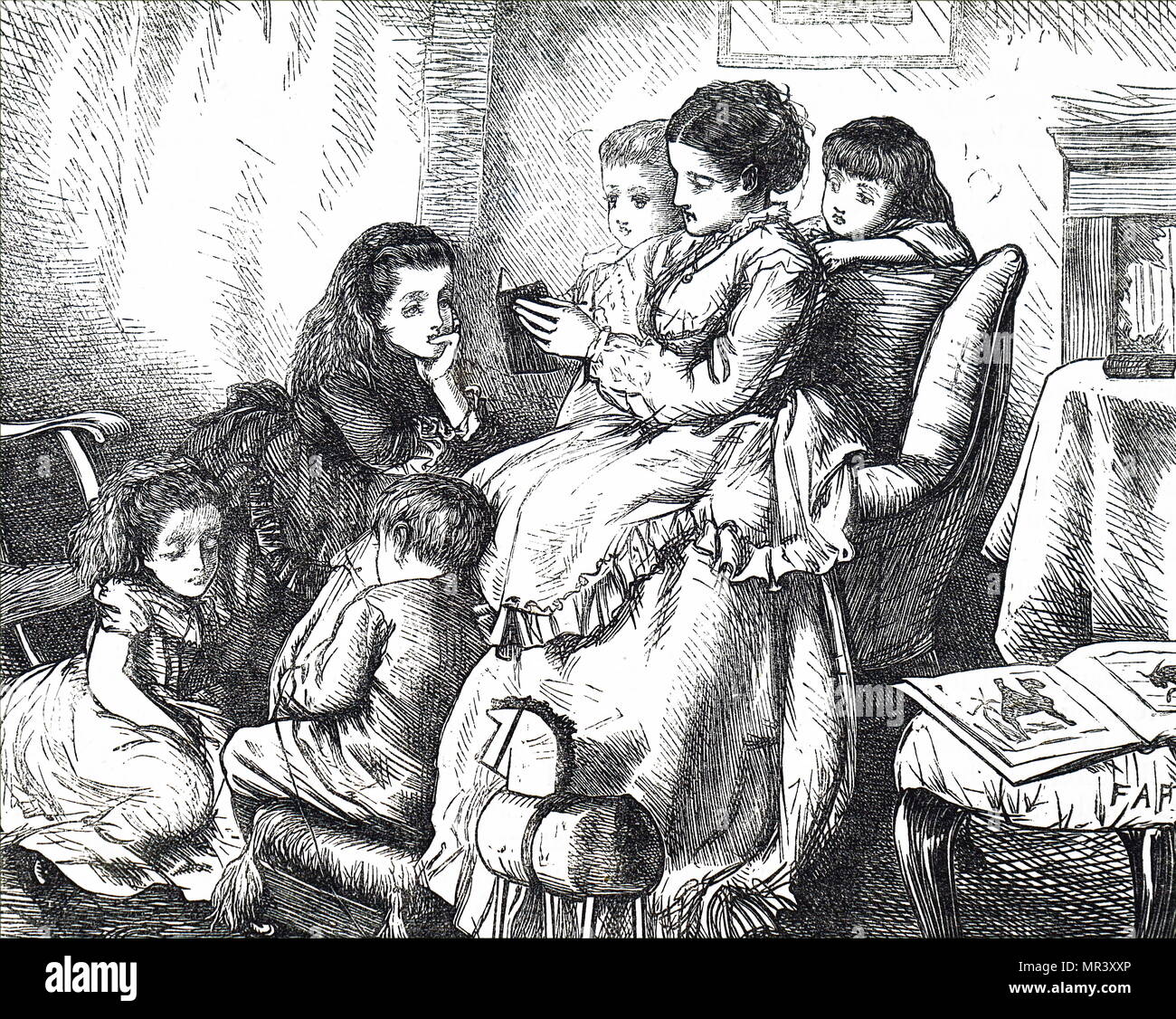 illustration-depicting-a-mother-reading-to-her-family-dated-19th