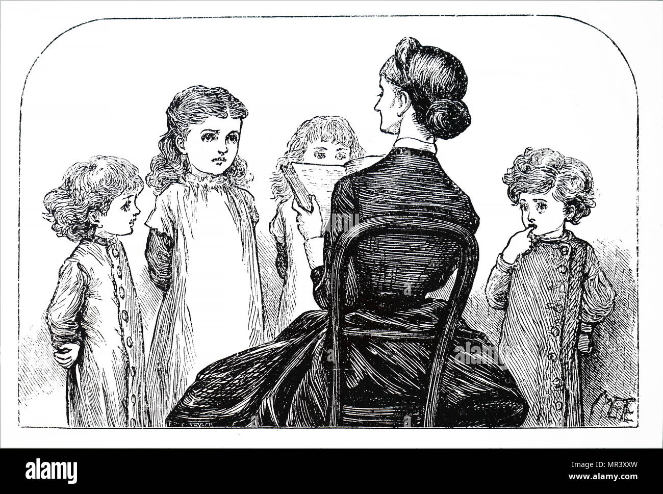 Illustration depicting children listening to their governess reading aloud. Illustrated by Mary Ellen Edwards (1838-1934) an English artist who contributed to many Victorian newspapers and journals, as well as being an illustrator of children's books. Dated 19th century Stock Photo