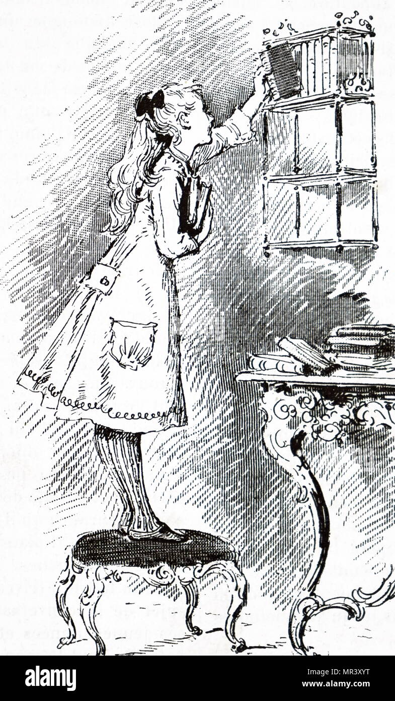 Illustration Depicting A Little Girl Arranging Her Library On A