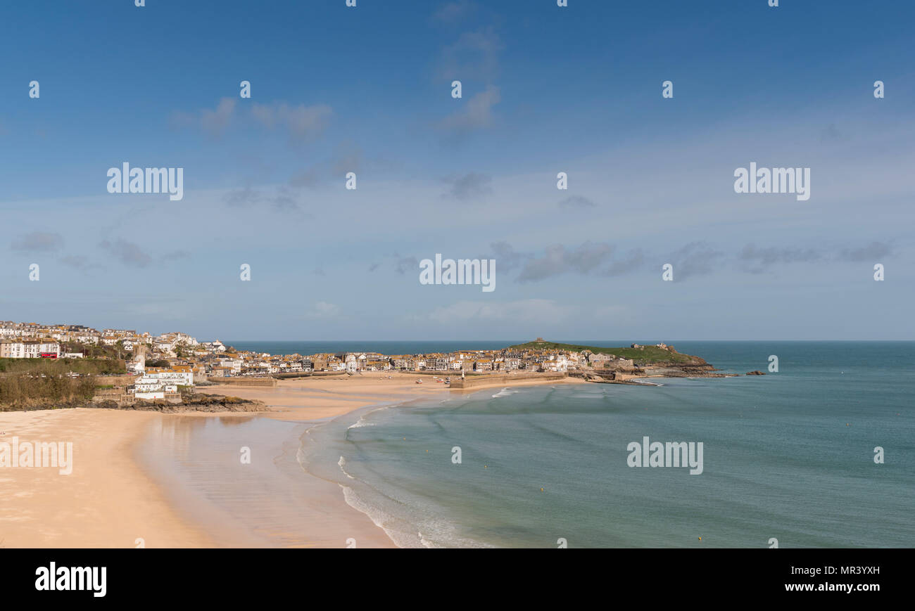 Views from the south west coast path across Porthminster towards St Ives, Cornwall, UK Stock Photo