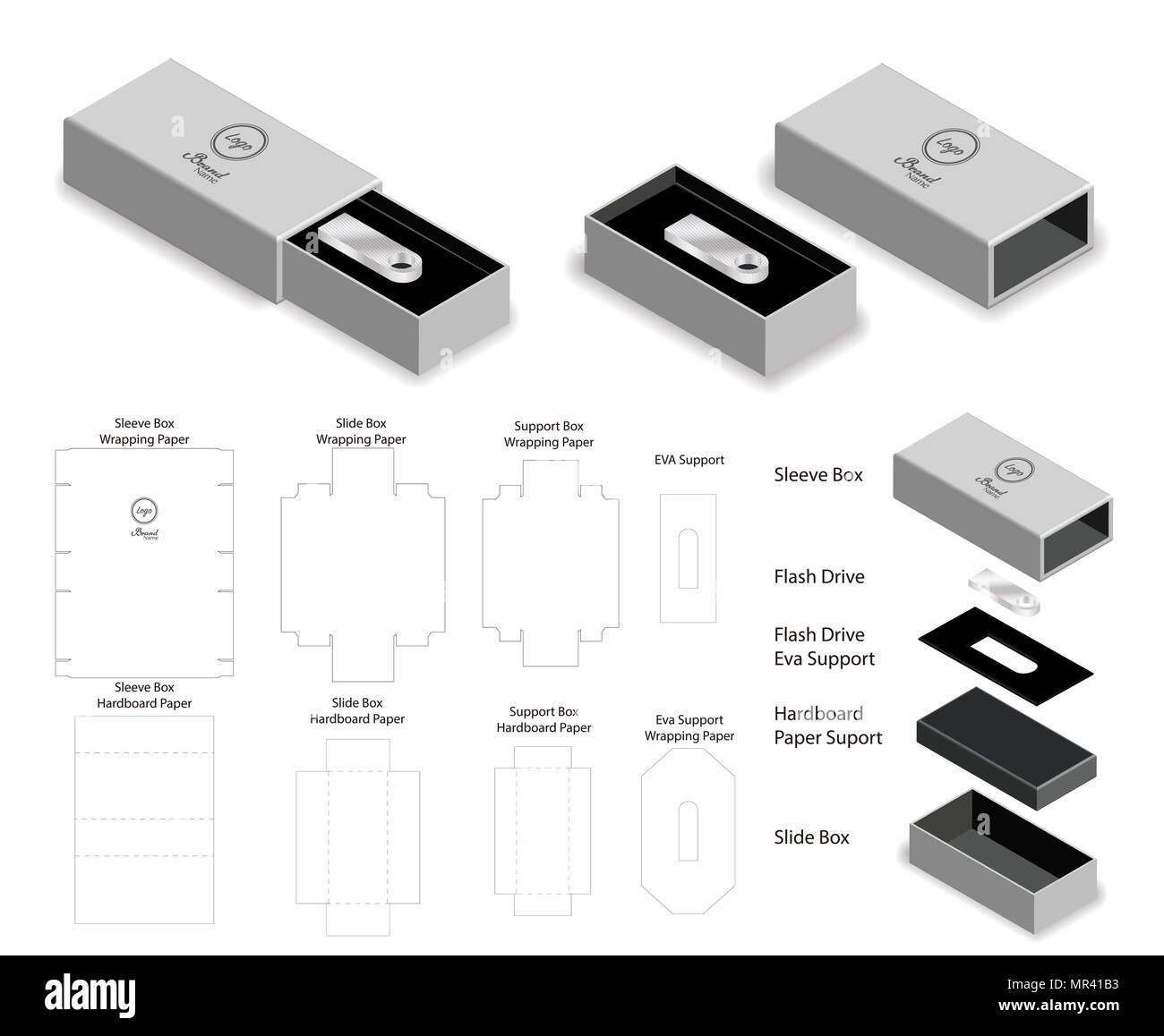 rigid box for flash drive packaging diecut mockup Stock Vector Image