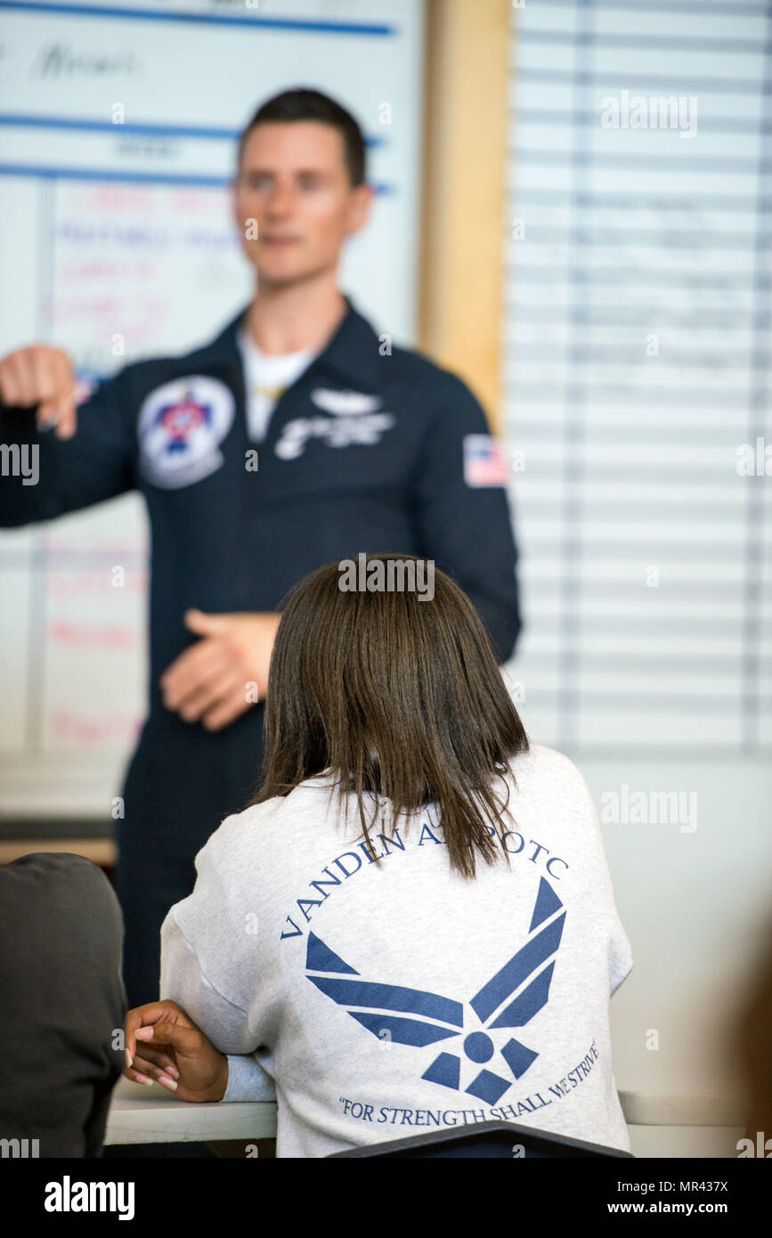 U.S. Air Force Maj. Ryan Bodenheimer, United States Air Force Thunderbirds  pilot #2 speaks with JROTC students at Vanden High School, Fairfield,  Calif., May 5, 2017. The Thunderbirds are performing in the
