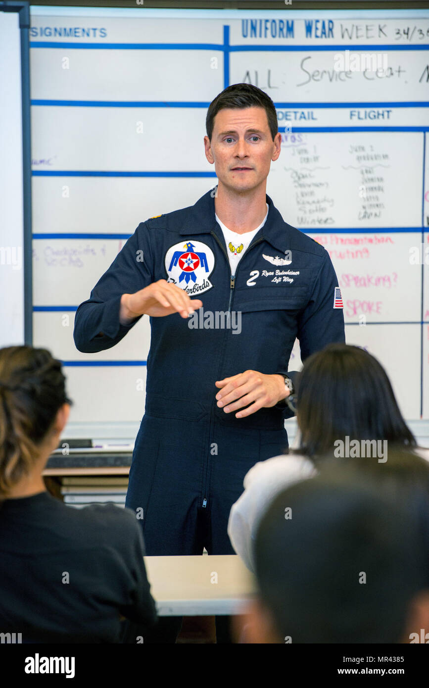 U.S. Air Force Maj. Ryan Bodenheimer, United States Air Force Thunderbirds  pilot #2 speaks with JROTC students at Vanden High School, Fairfield,  Calif., May 5, 2017. The Thunderbirds are performing in the