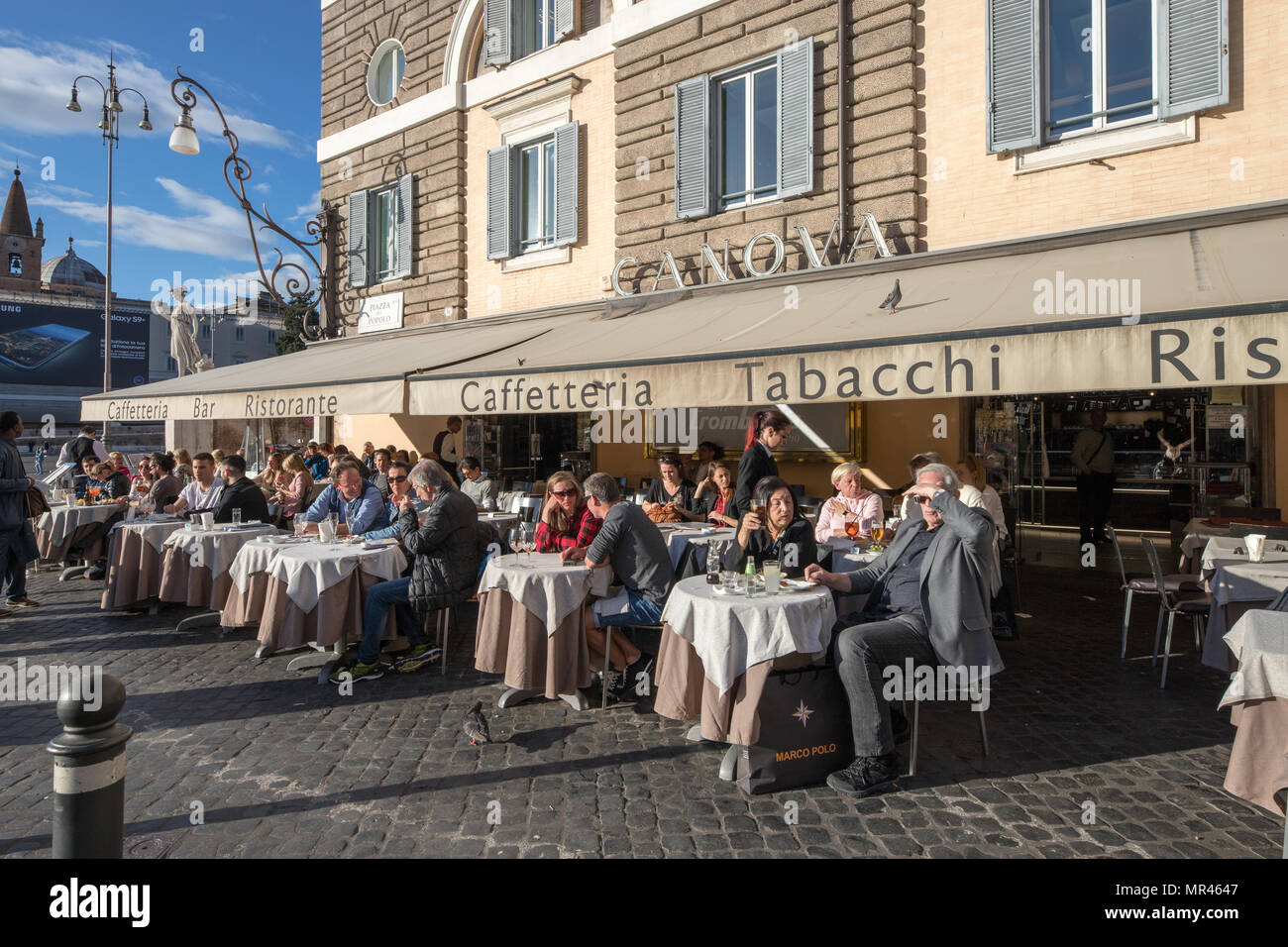 Rome Italy, Bar restaurant CANOVA Piazza del Popolo, people tourists sitting terrace in the street and square. Stock Photo