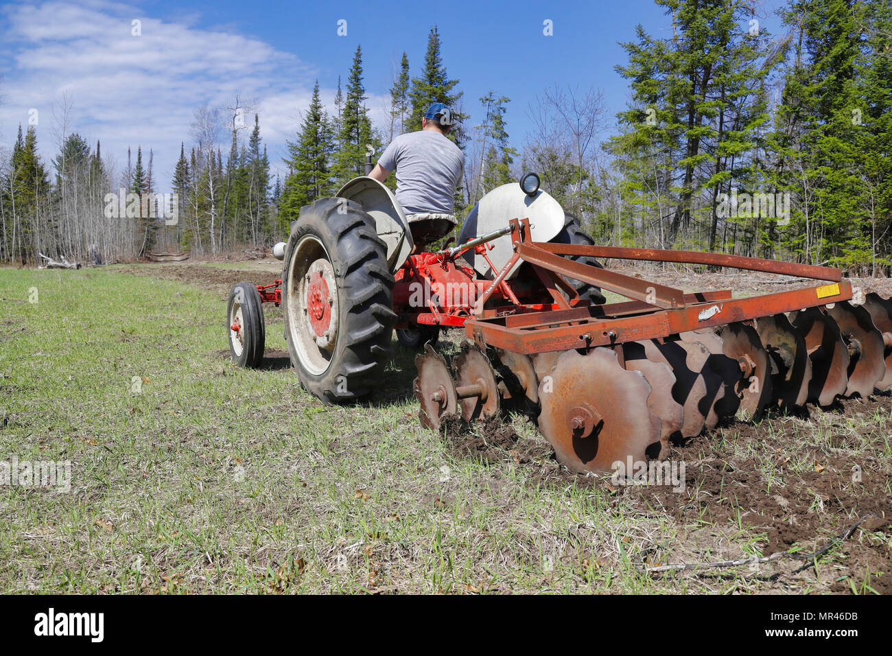 A man driving a vintage tractor and disking a field;. Stock Photo