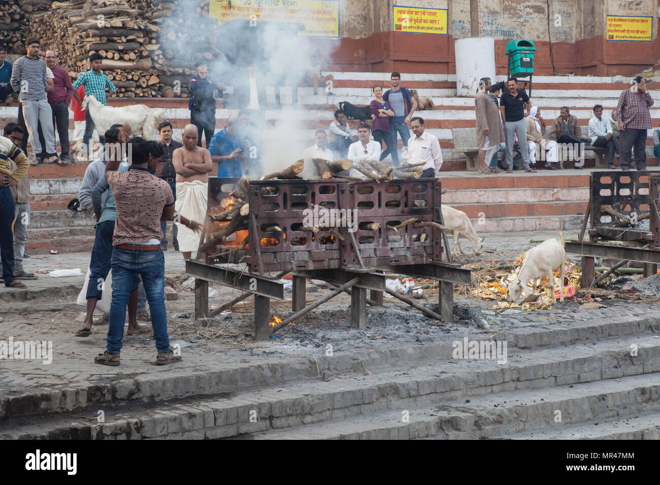 India, Uttar Pradesh, Varanasi, A funeral pyre at Harishchandra Ghat