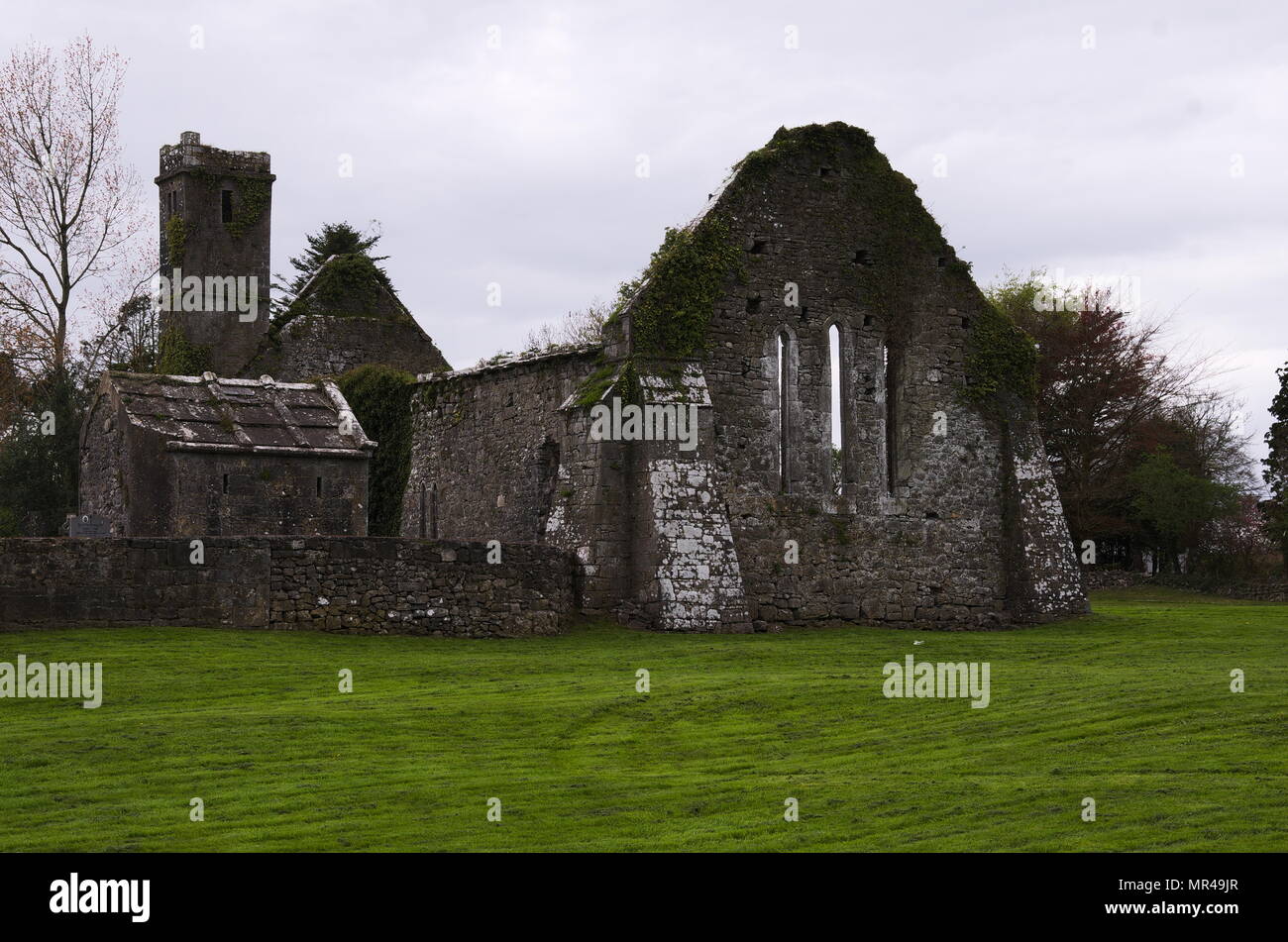 An old ruined church in Quin Clare Stock Photo