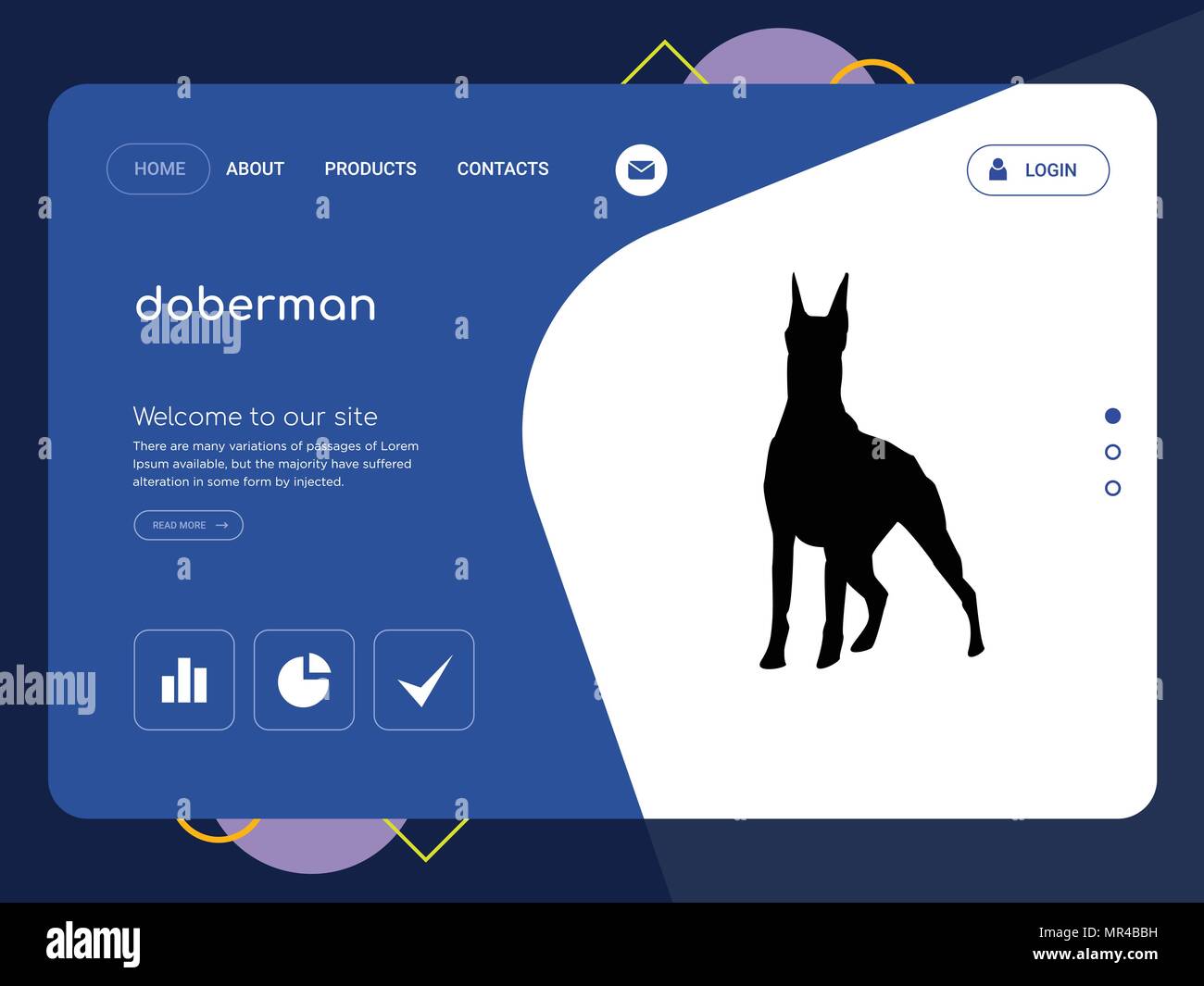 Quality One Page doberman Website Template Vector Eps, Modern Web Design with flat UI elements and landscape illustration, ideal for landing page Stock Vector