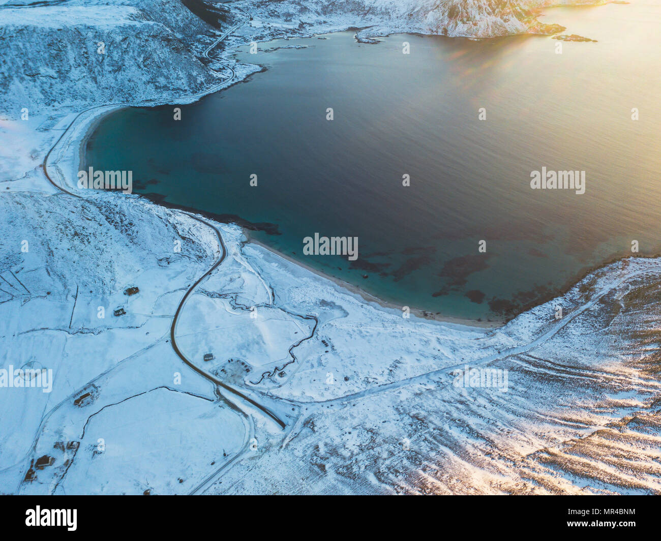 Aerial winter view of Lofoten Islands beach, Norway, shot from drone Stock Photo
