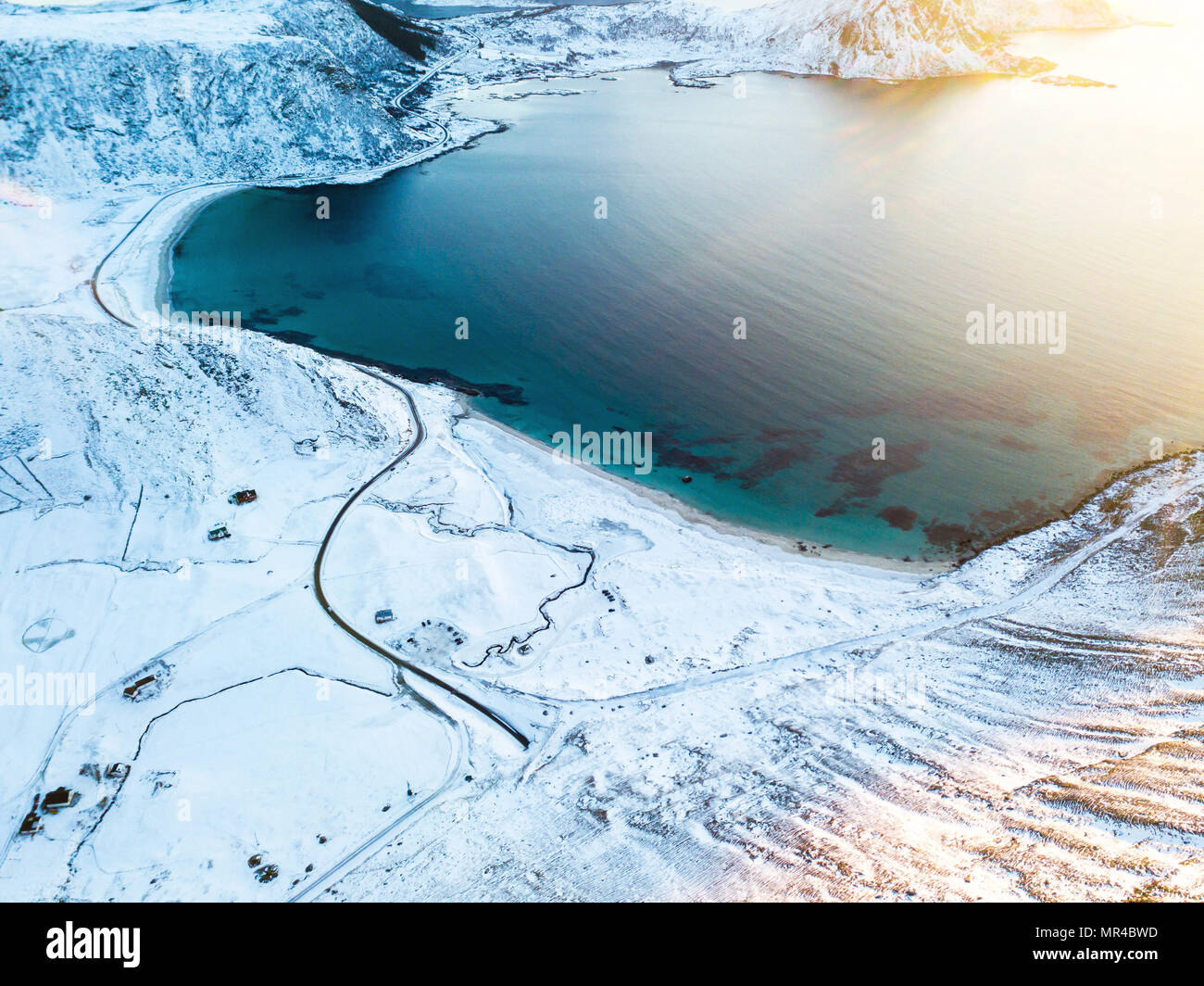 Aerial winter view of Lofoten Islands beach, Norway, shot from drone Stock Photo