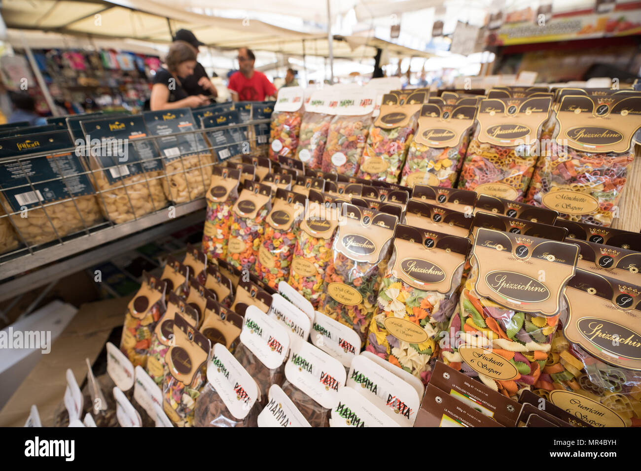 Stall of Typical food product displayed in in Campo de Fiori Market Rome Italy Stock Photo