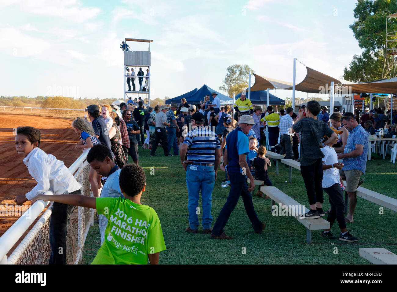 People trackside at the Mount Magnet horse race course, Mt Magnet, Eastern Goldfields, Western Australia Stock Photo