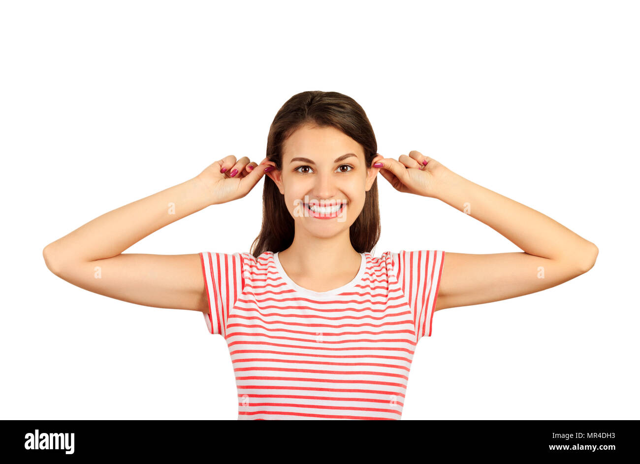 Funnylooking woman grimacing making ears protruding. emotional girl