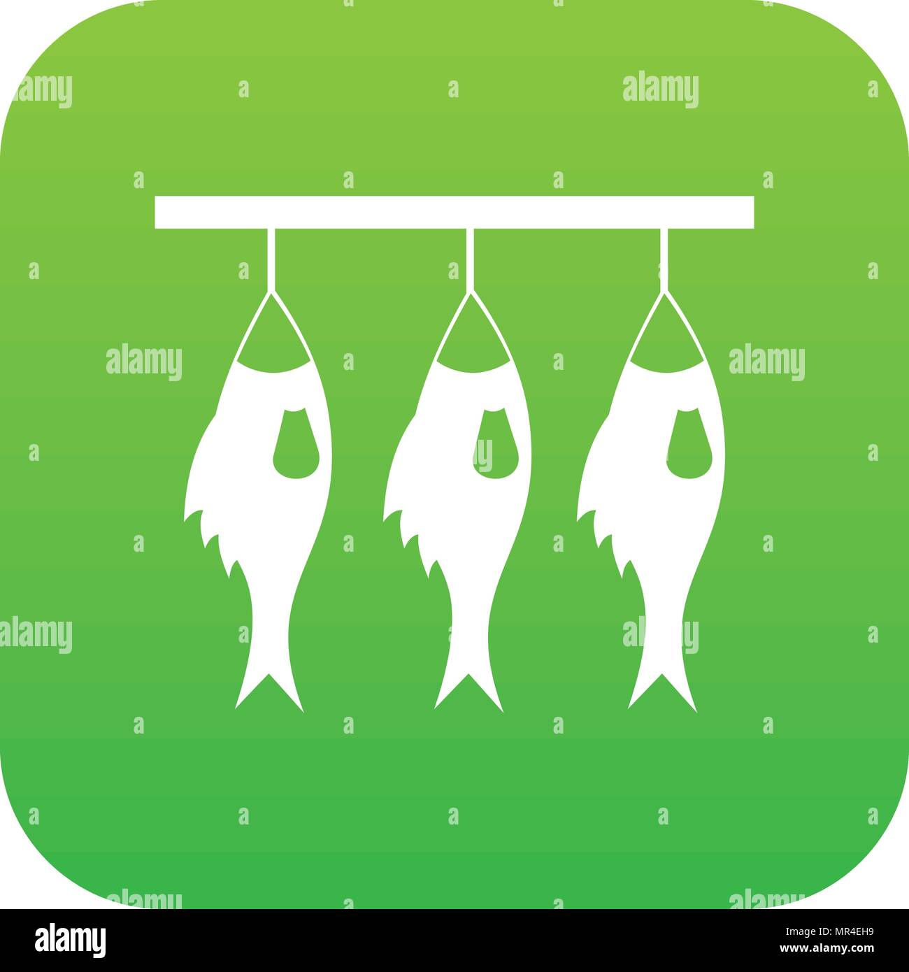 Three dried fish hanging on a rope icon digital green Stock Vector