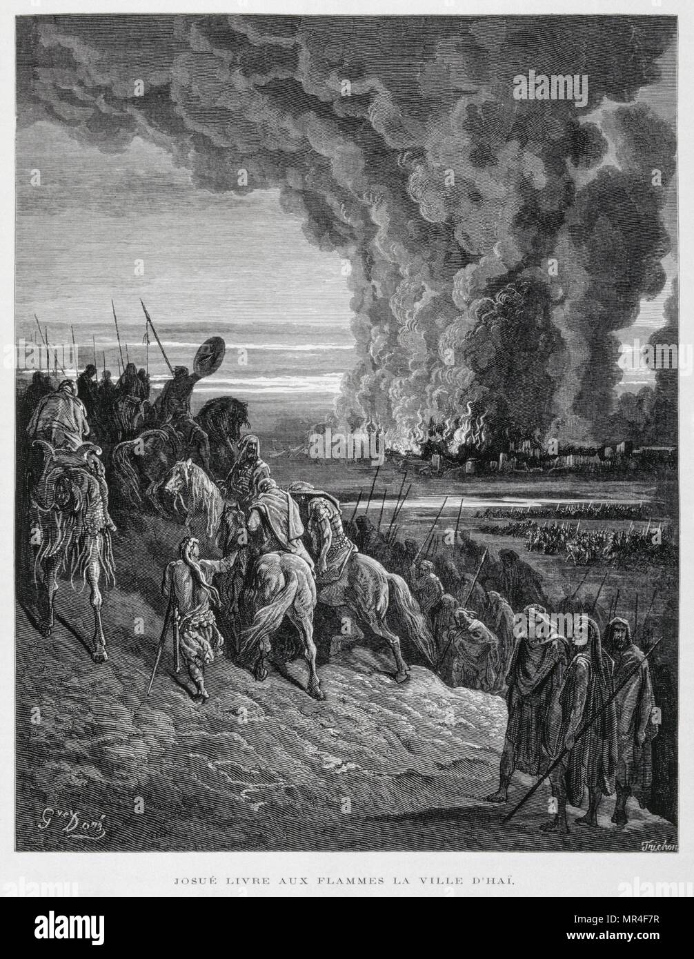 Joshua burns the Town of Ai, Illustration from the Dore Bible 1866. Ai was a Canaanite royal city. According to the Book of Joshua in the Hebrew Bible, it was conquered by the Israelites on their second attempt. The ruins of the city are popularly thought to be in the modern-day archaeological site Et-Tell. In 1866, the French artist and illustrator Gustave Dore (1832–1883), published a series of 241 wood engravings for a new deluxe edition of the 1843 French translation of the Vulgate Bible, popularly known as the Bible de Tours. Stock Photo