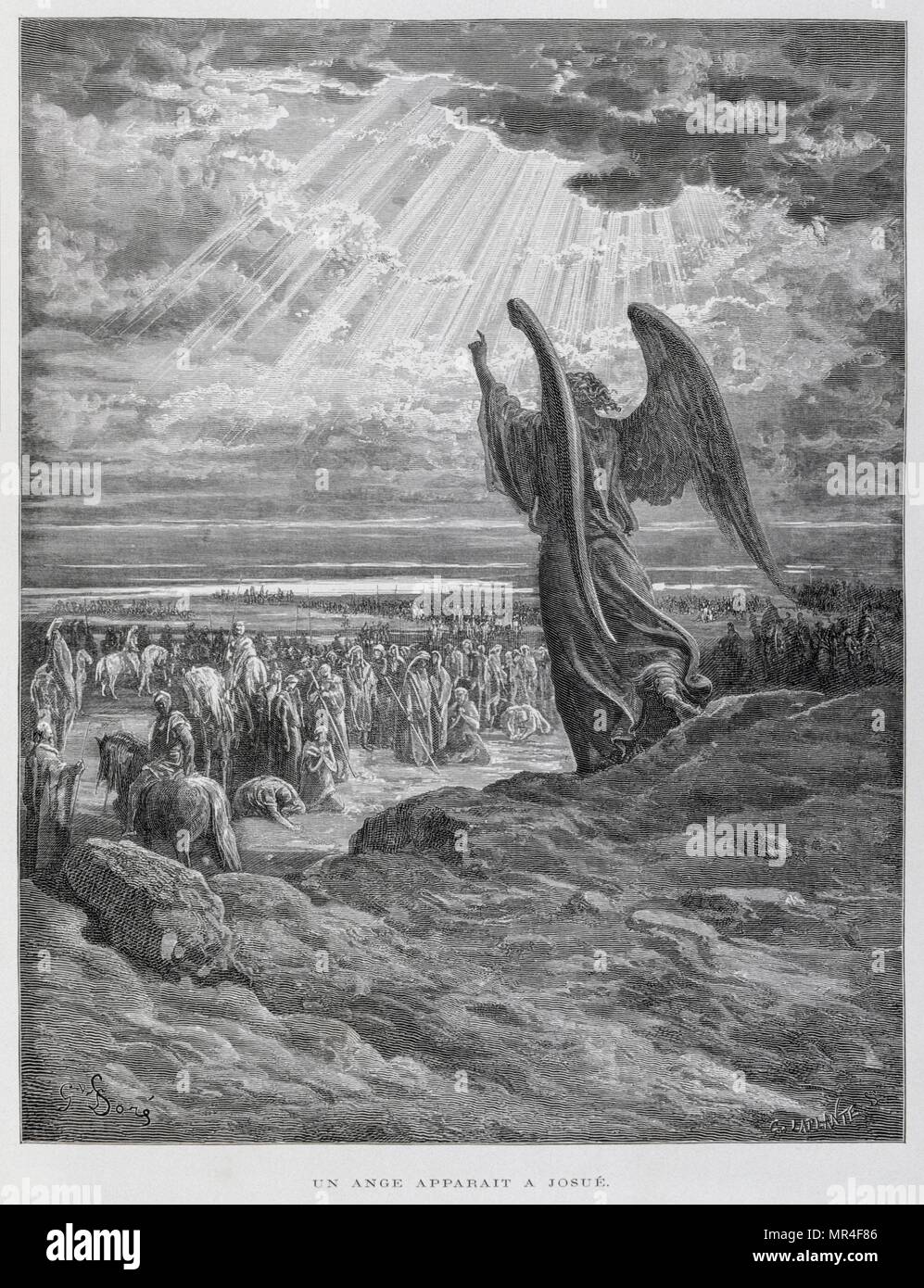 The Angel appearing to Joshua In 1866, Illustration from the Dore Bible 1866. the French artist and illustrator Gustave Dore (1832–1883), published a series of 241 wood engravings for a new deluxe edition of the 1843 French translation of the Vulgate Bible, popularly known as the Bible de Tours. This new edition was known as La Grande Bible de Tours and its illustrations were immensely successful Stock Photo