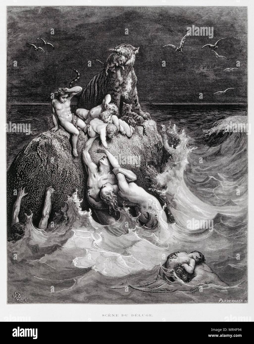 The Great Flood, Illustration from the Dore Bible 1866. In 1866, the French artist and illustrator Gustave Dore (1832–1883), published a series of 241 wood engravings for a new deluxe edition of the 1843 French translation of the Vulgate Bible, popularly known as the Bible de Tours. This new edition was known as La Grande Bible de Tours and its illustrations were immensely successful Stock Photo
