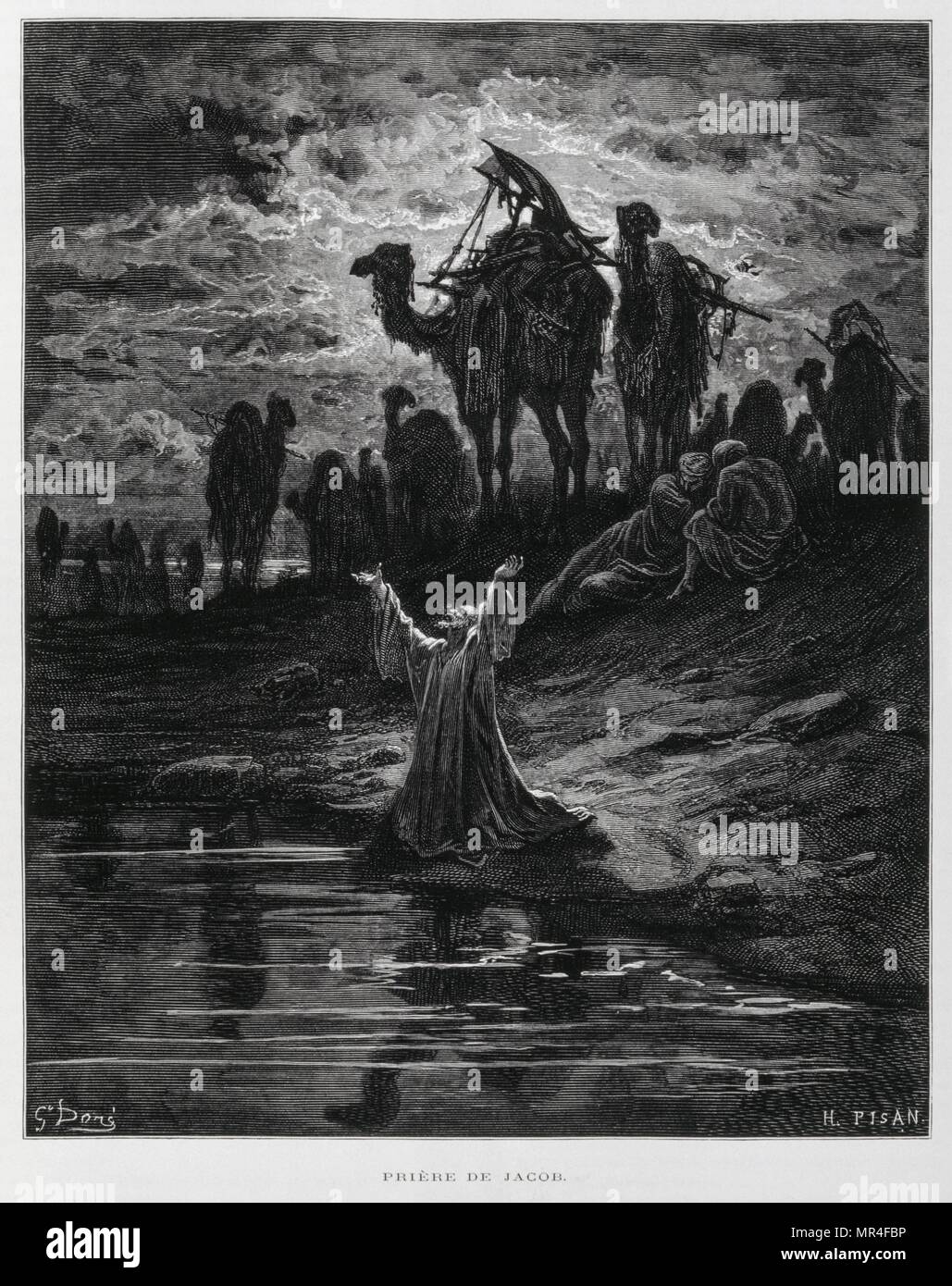 Jacob at Prayer, Illustration from the Dore Bible 1866. In 1866, the French artist and illustrator Gustave Dore (1832–1883), published a series of 241 wood engravings for a new deluxe edition of the 1843 French translation of the Vulgate Bible, popularly known as the Bible de Tours. This new edition was known as La Grande Bible de Tours and its illustrations were immensely successful. Jacob is regarded as a Patriarch of the Israelites. According to the Book of Genesis, Jacob was the third Hebrew progenitor with whom God made a covenant. He is the son of Isaac and Rebecca, Stock Photo
