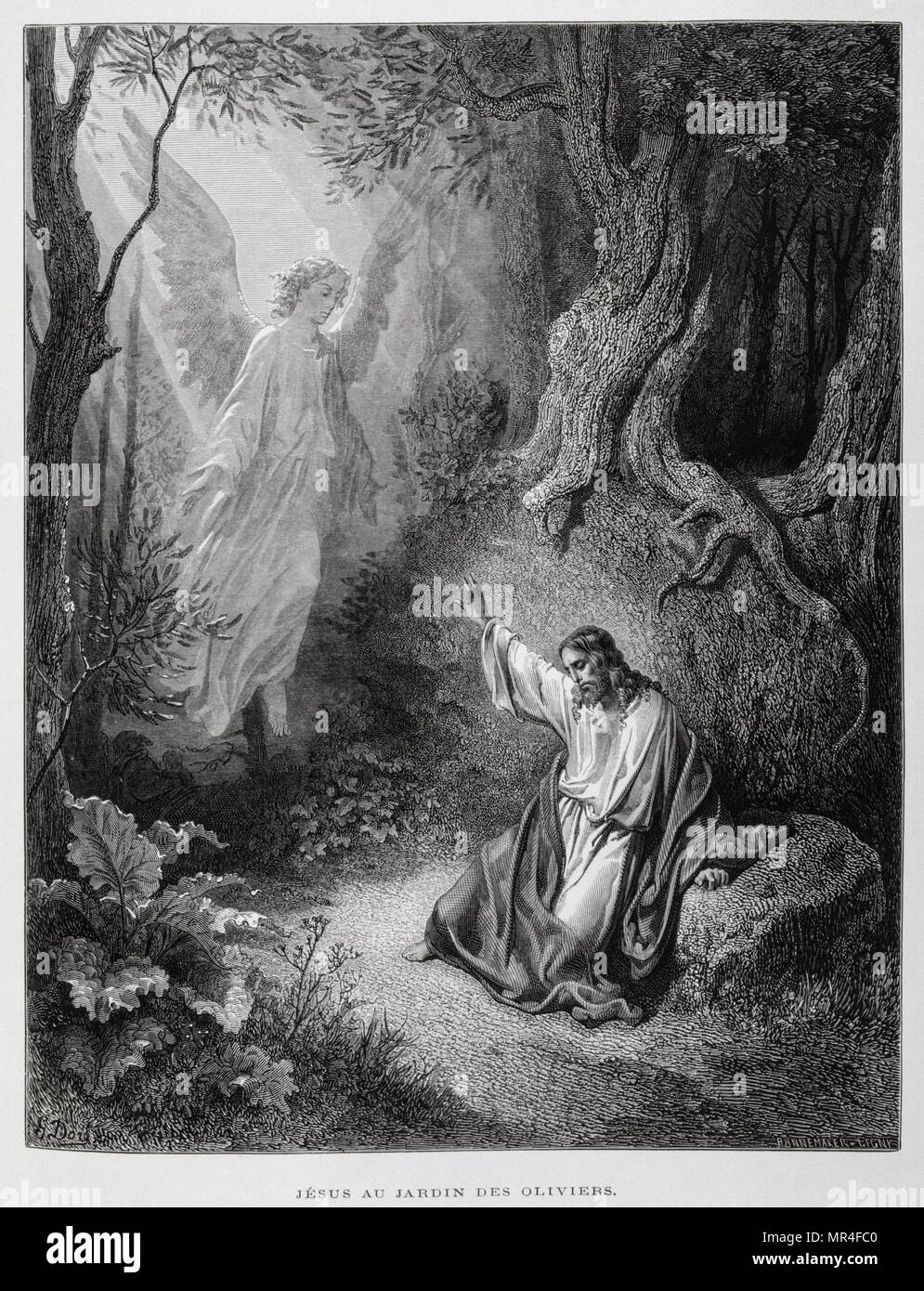 Jesus meets an angel in the garden of Gethsemane on the Mount of Olives, in Jerusalem, Illustration from the Dore Bible 1866. In 1866, the French artist and illustrator Gustave Dore (1832–1883), published a series of 241 wood engravings for a new deluxe edition of the 1843 French translation of the Vulgate Bible, popularly known as the Bible de Tours. This new edition was known as La Grande Bible de Tours and its illustrations were immensely successful. Stock Photo