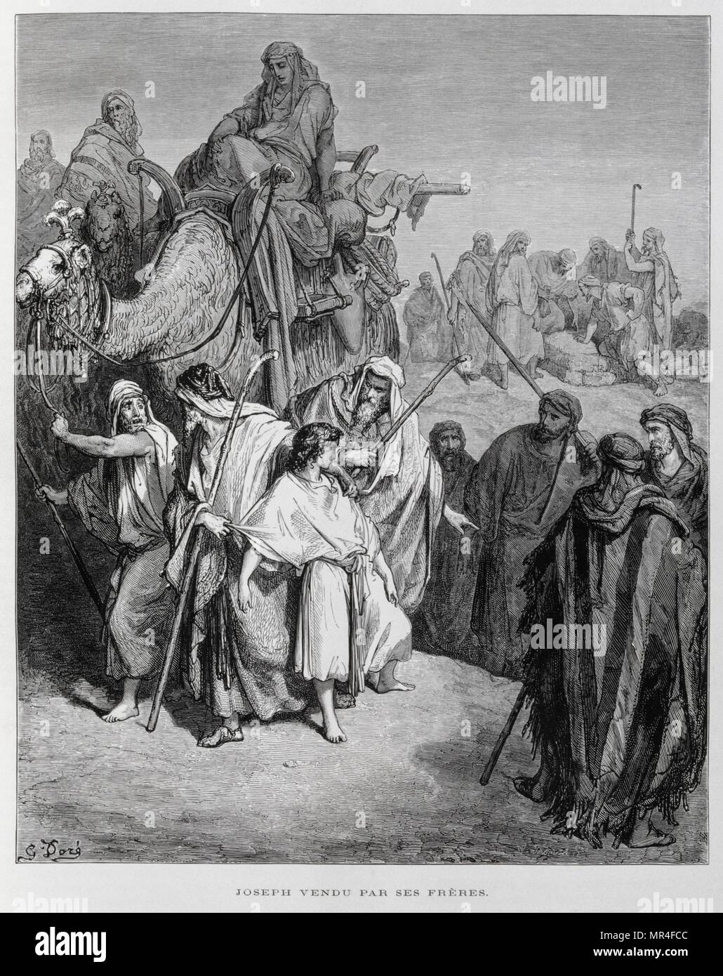 Joseph sold by his brothers, Illustration from the Dore Bible 1866. In 1866, the French artist and illustrator Gustave Dore (1832–1883), published a series of 241 wood engravings for a new deluxe edition of the 1843 French translation of the Vulgate Bible, popularly known as the Bible de Tours. This new edition was known as La Grande Bible de Tours and its illustrations were immensely successful. Joseph is an important figure in the Bible's Book of Genesis, Sold into slavery by his jealous brothers, he rose to become vizier, the second most powerful man in Egypt next to Pharaoh Stock Photo
