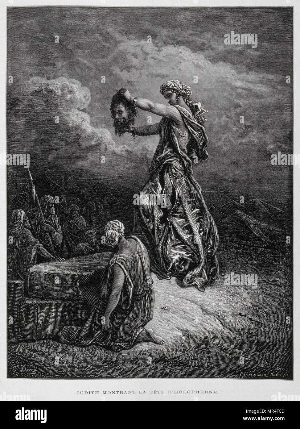 Judith with the Head of Holophernes, Illustration from the Dore Bible 1866. In 1866, the French artist and illustrator Gustave Dore (1832–1883), published a series of 241 wood engravings for a new deluxe edition of the 1843 French translation of the Vulgate Bible, popularly known as the Bible de Tours. This new edition was known as La Grande Bible de Tours and its illustrations were immensely successful. Stock Photo