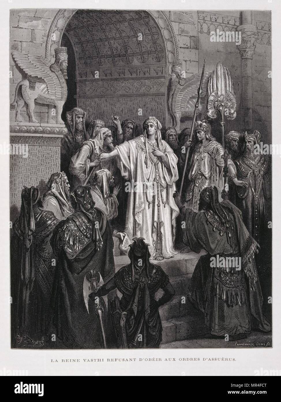 Queen Vashti refuses to appear for the King, Illustration from the Dore Bible 1866. In 1866, the French artist & illustrator Gustave Dore (1832–1883), published a series of 241 wood engravings for a new deluxe edition of the 1843 French translation of the Vulgate Bible, popularly known as the Bible de Tours. The new edition was known as La Grande Bible de Tours and its illustrations were immensely successful. Vashti, Queen of Persia & first wife of Persian King Ahasuerus, was banished for her refusal to appear at the king's banquet to show her beauty, Esther was chosen to succeed her as queen Stock Photo