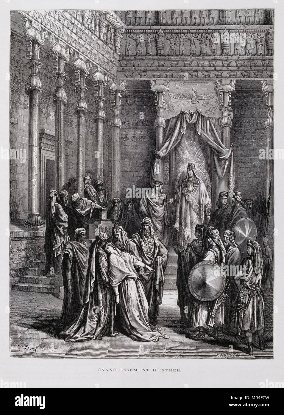 Queen Esther faints before the King, Illustration from the Dore Bible 1866. In 1866, the French artist and illustrator Gustave Dore (1832–1883), published a series of 241 wood engravings for a new deluxe edition of the 1843 French translation of the Vulgate Bible, popularly known as the Bible de Tours. New edition known as La Grande Bible de Tours, illustrations were immensely successful. Scene from Book of Esther (in the Apocrypha), Esther, the Jewish queen of Persia, pleads before her husband Ahasuerus for the repeal of his decree ordering the massacre of all Jews in his kingdom Stock Photo