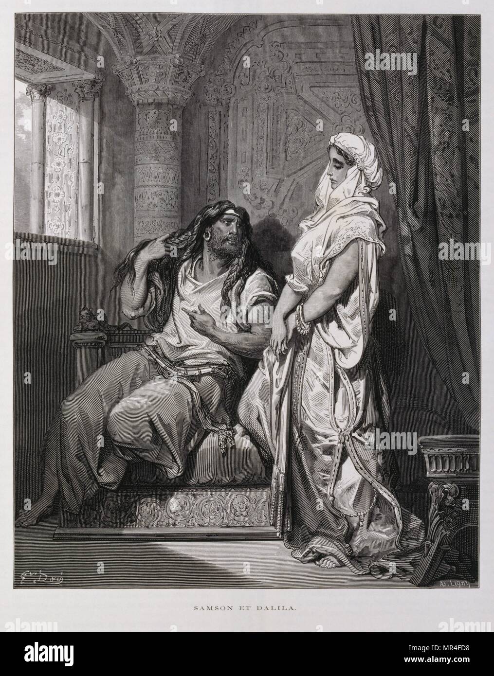 Samson and Delilah, Chapter 16, of the Book of Judges, in the Old Testament., Illustration from the Dore Bible 1866. In 1866, the French artist and illustrator Gustave Dore (1832–1883), published a series of 241 wood engravings for a new deluxe edition of the 1843 French translation of the Vulgate Bible, popularly known as the Bible de Tours. This new edition was known as La Grande Bible de Tours and its illustrations were immensely successful. Stock Photo