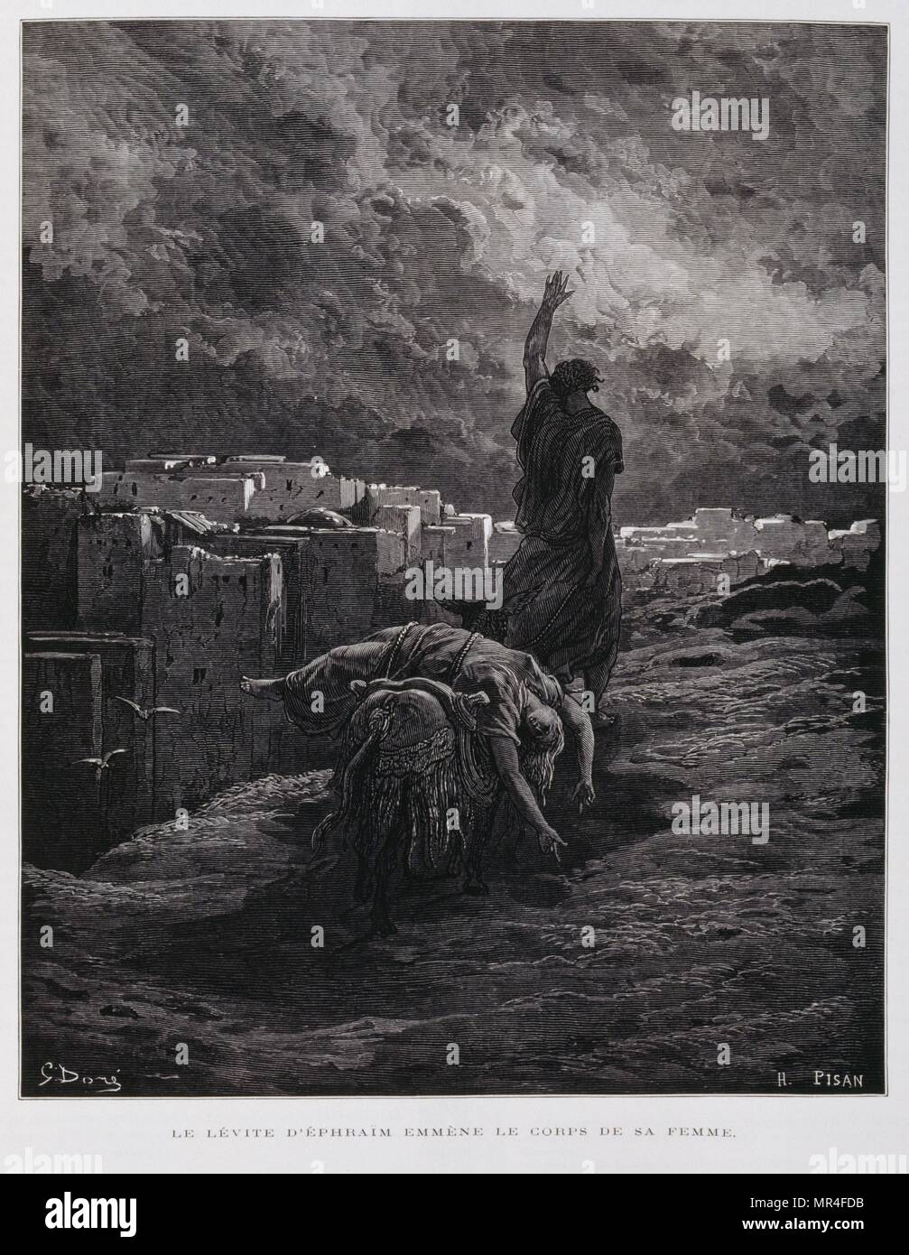 Outrage at Gibeah, the Levite carries his dead concubine away, Illustration from the Dore Bible 1866. In 1866, the French artist and illustrator Gustave Dore (1832–1883), published a series of 241 wood engravings for a new deluxe edition of the 1843 French translation of the Vulgate Bible, popularly known as the Bible de Tours. This new edition was known as La Grande Bible de Tours and its illustrations were immensely successful. Stock Photo
