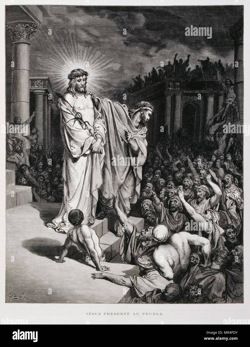 Jesus presented to the people during his trial, Illustration from the Dore Bible 1866. In 1866, the French artist and illustrator Gustave Dore (1832–1883), published a series of 241 wood engravings for a new deluxe edition of the 1843 French translation of the Vulgate Bible, popularly known as the Bible de Tours. This new edition was known as La Grande Bible de Tours and its illustrations were immensely successful. Stock Photo