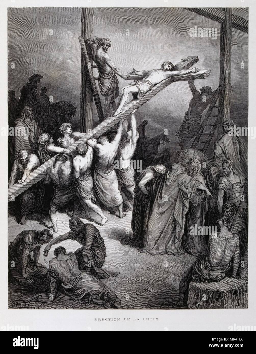 Christ crucified, Illustration from the Dore Bible 1866. In 1866, the French artist and illustrator Gustave Dore (1832–1883), published a series of 241 wood engravings for a new deluxe edition of the 1843 French translation of the Vulgate Bible, popularly known as the Bible de Tours. This new edition was known as La Grande Bible de Tours and its illustrations were immensely successful. Stock Photo
