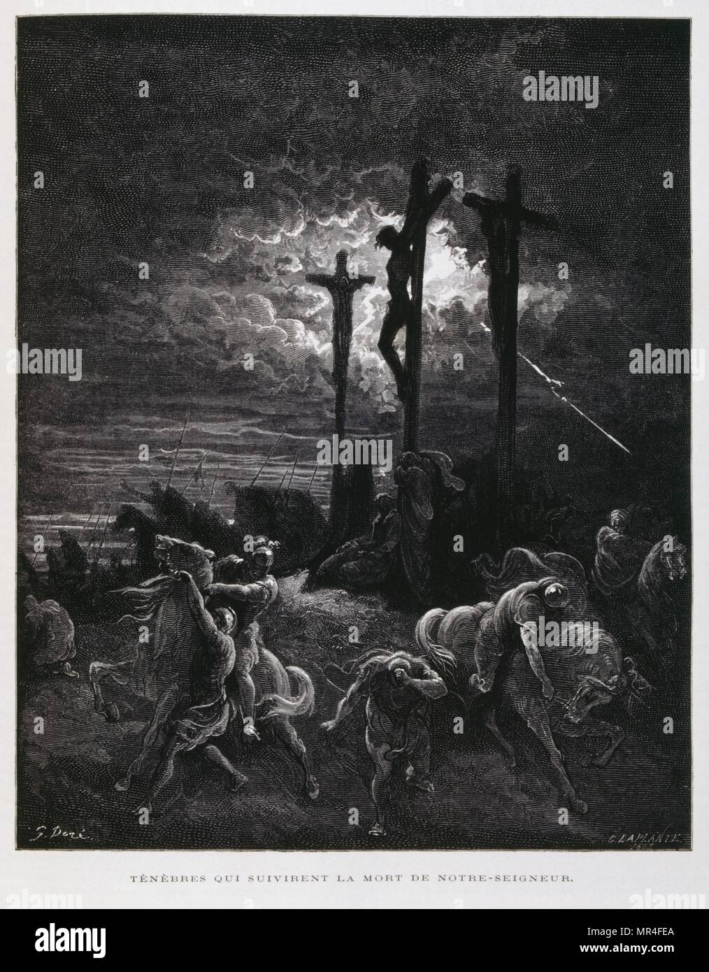 The crucifixion of Christ, Illustration from the Dore Bible 1866. In 1866, the French artist and illustrator Gustave Dore (1832–1883), published a series of 241 wood engravings for a new deluxe edition of the 1843 French translation of the Vulgate Bible, popularly known as the Bible de Tours. This new edition was known as La Grande Bible de Tours and its illustrations were immensely successful. Stock Photo