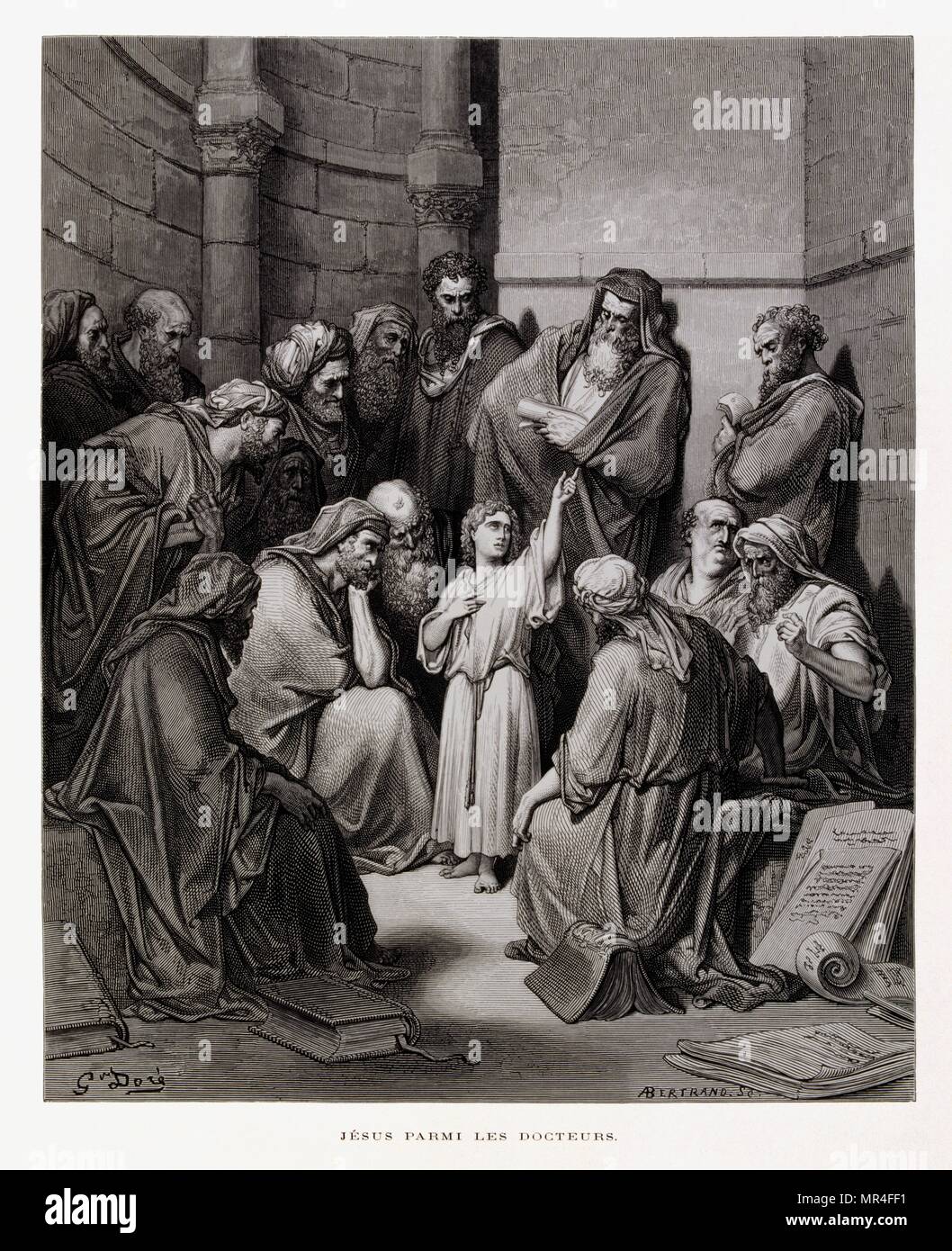 Jesus before the doctors, Illustration from the Dore Bible 1866. In 1866, the French artist and illustrator Gustave Dore (1832–1883), published a series of 241 wood engravings for a new deluxe edition of the 1843 French translation of the Vulgate Bible, popularly known as the Bible de Tours. This new edition was known as La Grande Bible de Tours and its illustrations were immensely successful. Stock Photo