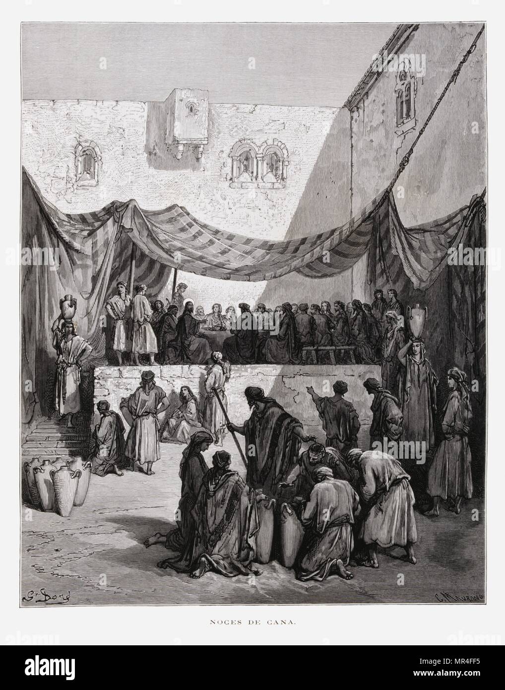The Feast at Cana, Illustration from the Dore Bible 1866. In 1866, the French artist and illustrator Gustave Dore (1832–1883), published a series of 241 wood engravings for a new deluxe edition of the 1843 French translation of the Vulgate Bible, popularly known as the Bible de Tours. New edition known as La Grande Bible de Tours illustrations were immensely successful. The Wedding at Cana (1563, also The Wedding Feast at Cana), by Paolo Veronese, is a representational painting that depicts the Bible story of the Marriage at Cana, a wedding banquet at which Jesus converts water to wine Stock Photo