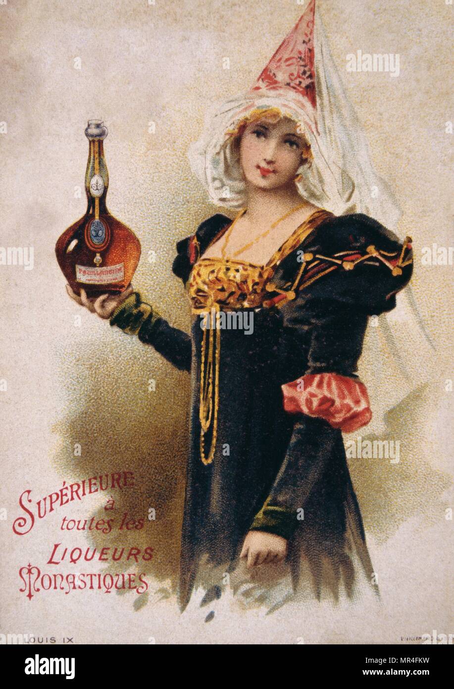 French postcard with image of a medieval costumed woman holding a bottle of liqueur Stock Photo