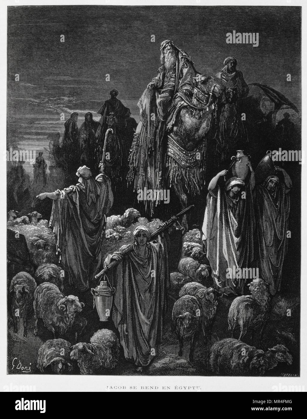 Jacob and his sons arrive in Egypt, Illustration from the Dore Bible 1866. In 1866, the French artist and illustrator Gustave Doré (1832–1883), published a series of 241 wood engravings for a new deluxe edition of the 1843 French translation of the Vulgate Bible, popularly known as the Bible de Tours. This new edition was known as La Grande Bible de Tours and its illustrations were immensely successful. Stock Photo