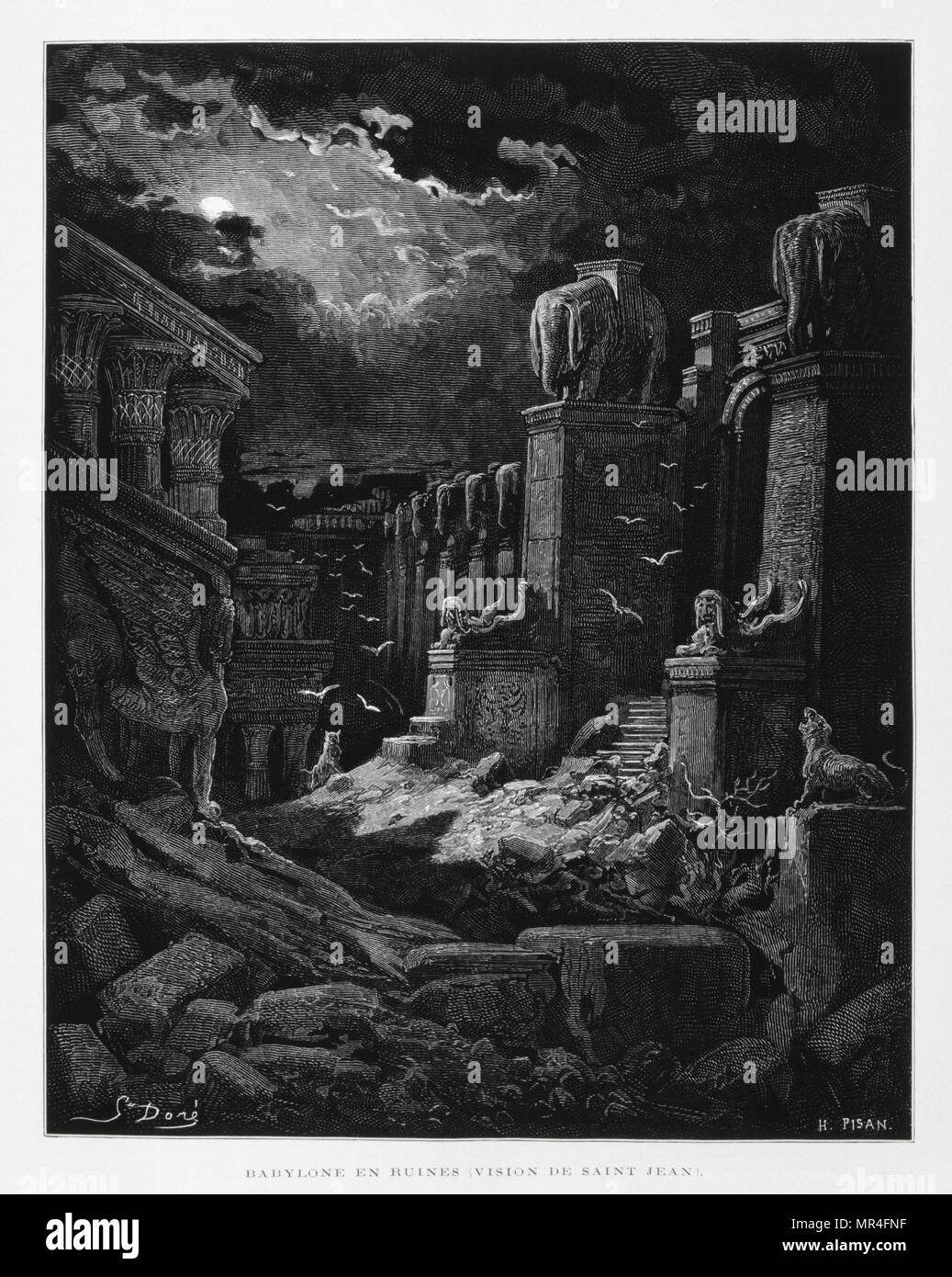 Babylon in Ruins (vision of John the Baptist), Illustration from the Dore Bible 1866. In 1866, the French artist and illustrator Gustave Doré (1832–1883), published a series of 241 wood engravings for a new deluxe edition of the 1843 French translation of the Vulgate Bible, popularly known as the Bible de Tours. This new edition was known as La Grande Bible de Tours and its illustrations were immensely successful. Stock Photo